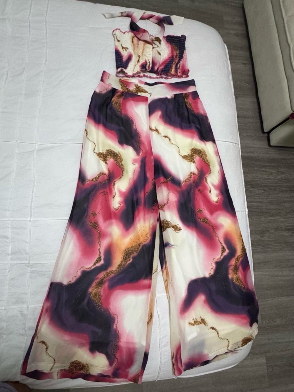 2 piece set High-Rise Wide-Leg and crop top in Pink Marble Print